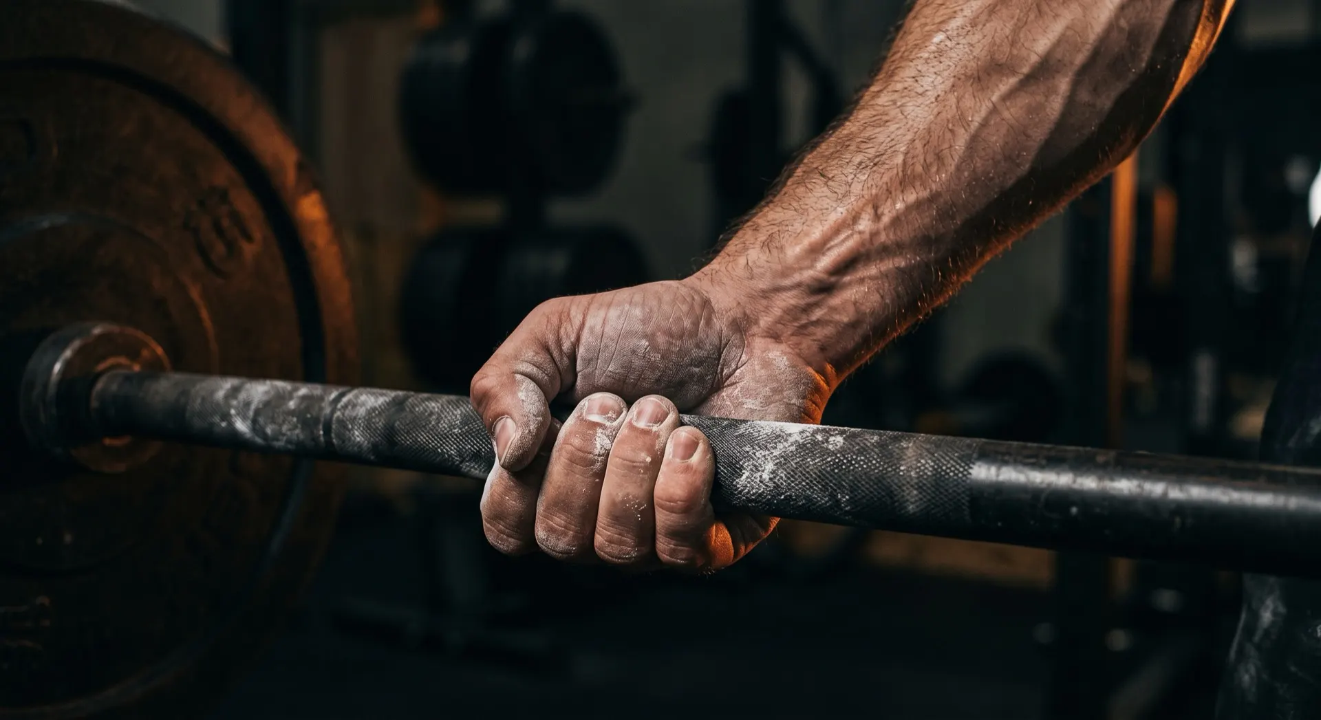 A chalked hand gripping a barbell