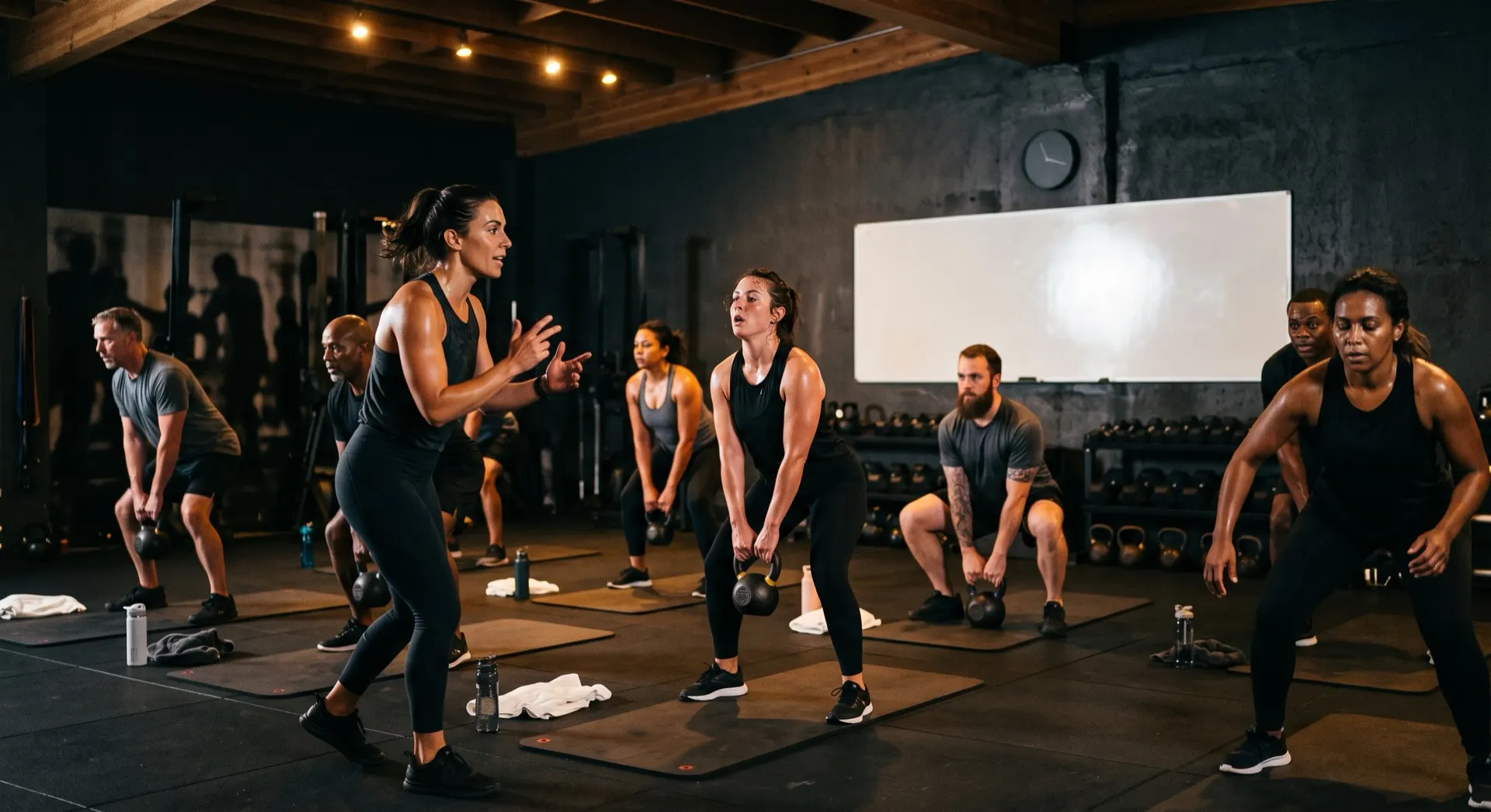 An instructor coaching a kettlebell class