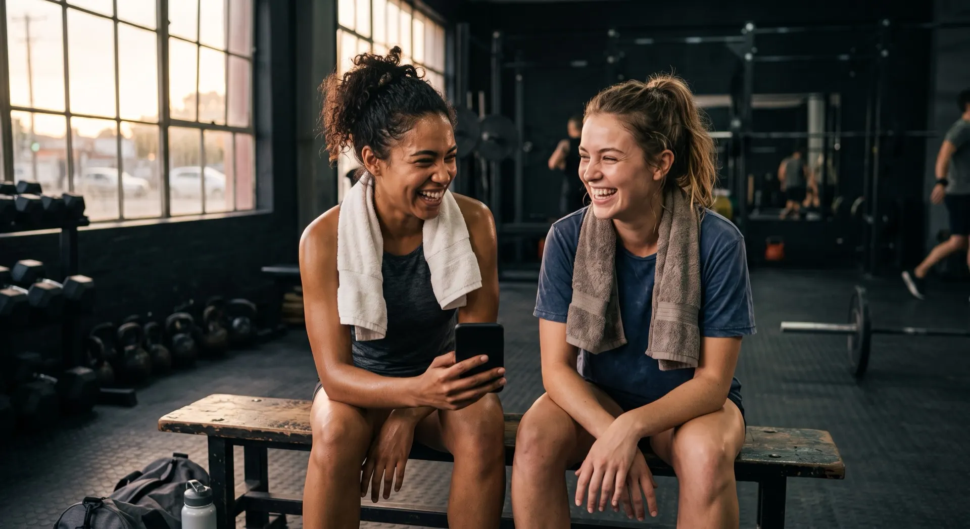 Two members laughing on a bench after a workout