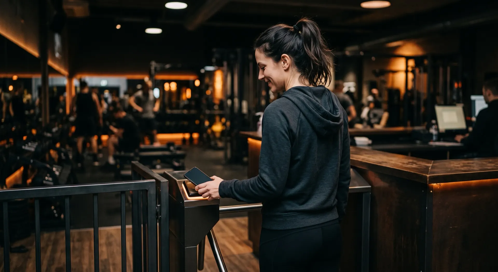 A member tapping their phone on a gym turnstile reader